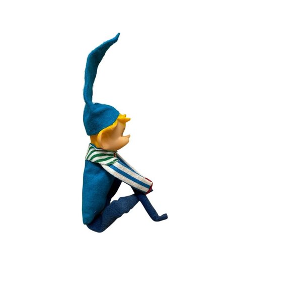 Vintage Knee Hugger Elf Figurine Blue Hat Striped Blond Scarf Christmas Decor - Picture 4 of 7